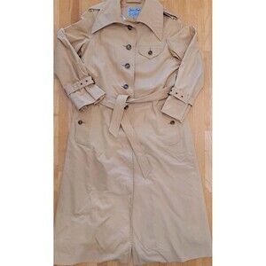 VTG Jackie Stuart Khaki Trench Coat Belted Pockets Size 9/10 Made in Yugoslavia